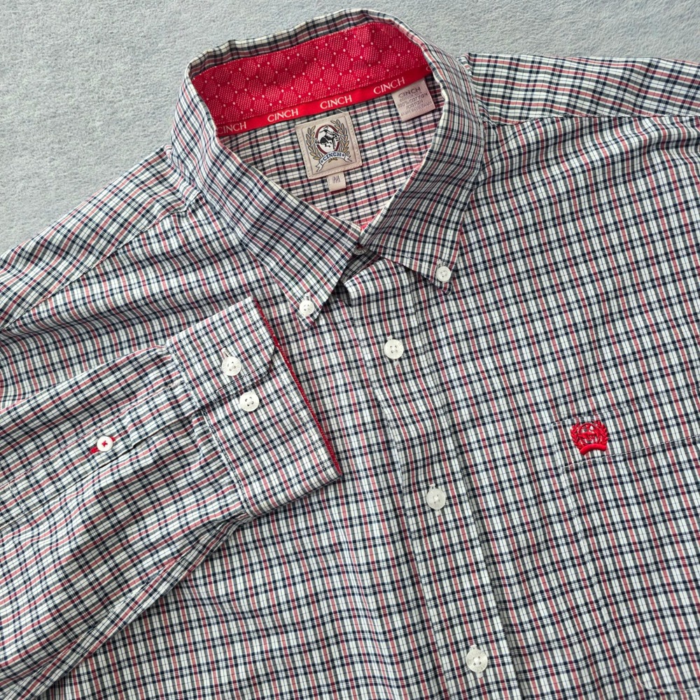 Cinch Mens Plaid Button Down Western Shirt Red White Blue Long Sleeve Size M